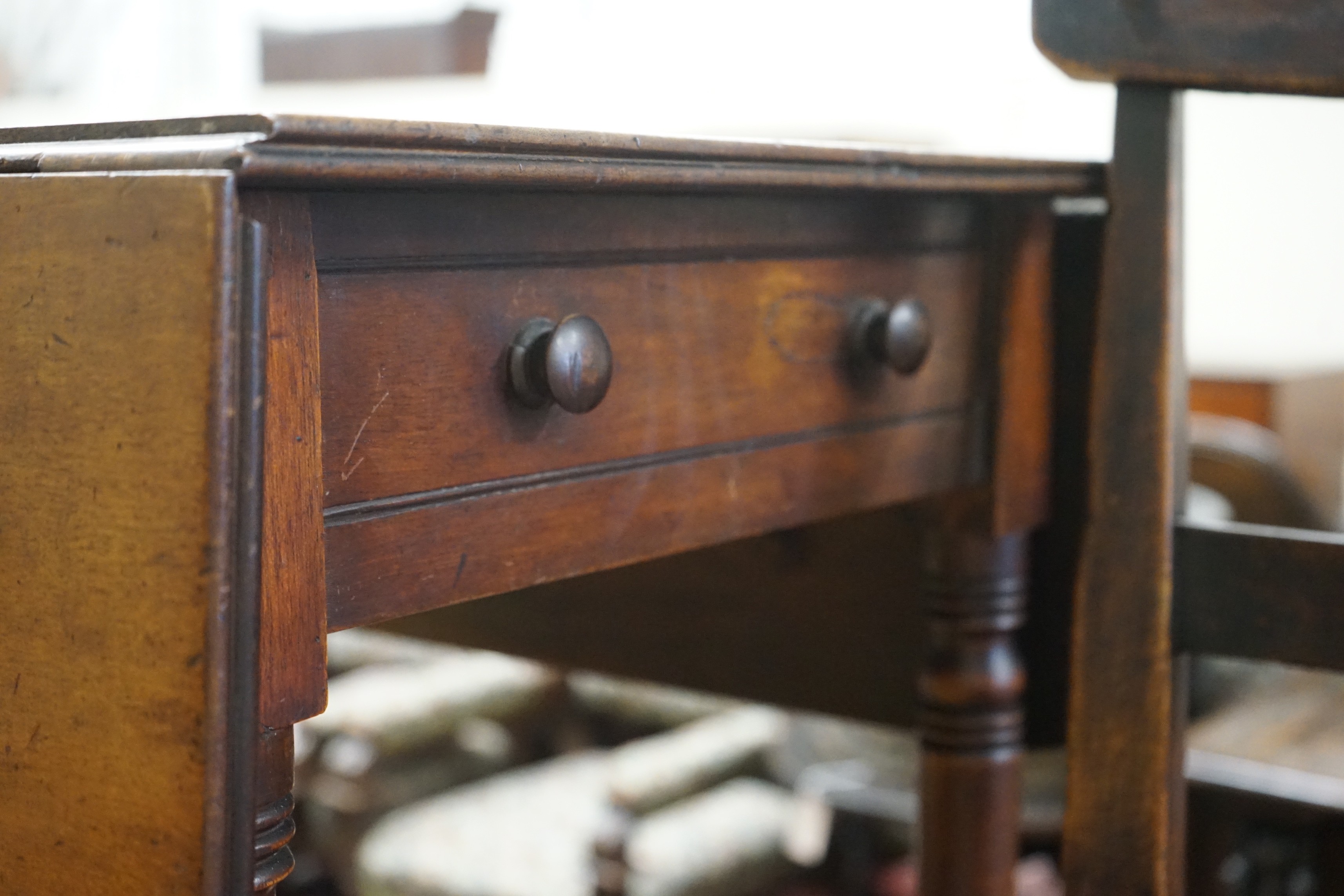 A Regency mahogany Pembroke table, width 84cm, depth 48cm, height 73cm together with a provincial elm wood seat chair